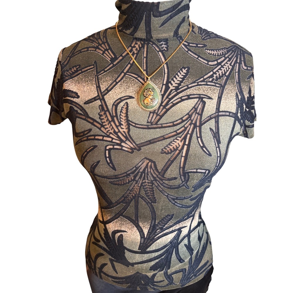 Frazier Lawrence Mock Neck Top Women S Green Burnout Devore Short Sleeve